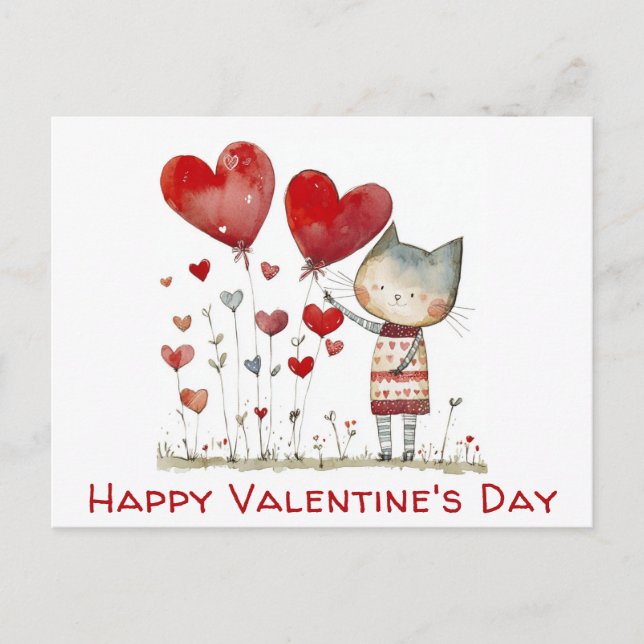 Carte Postale Valentines Jour Cute Chat Coeurs Aquarelle (Devant)