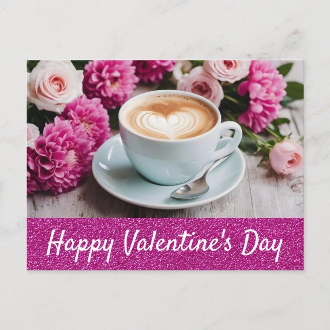 Carte Postale Valentines Jour Rose Floral Cappuccino Café Coeur (Devant)