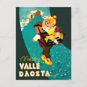 Carte Postale Vallée d'Aoste, garçon et fille faisant de la rand