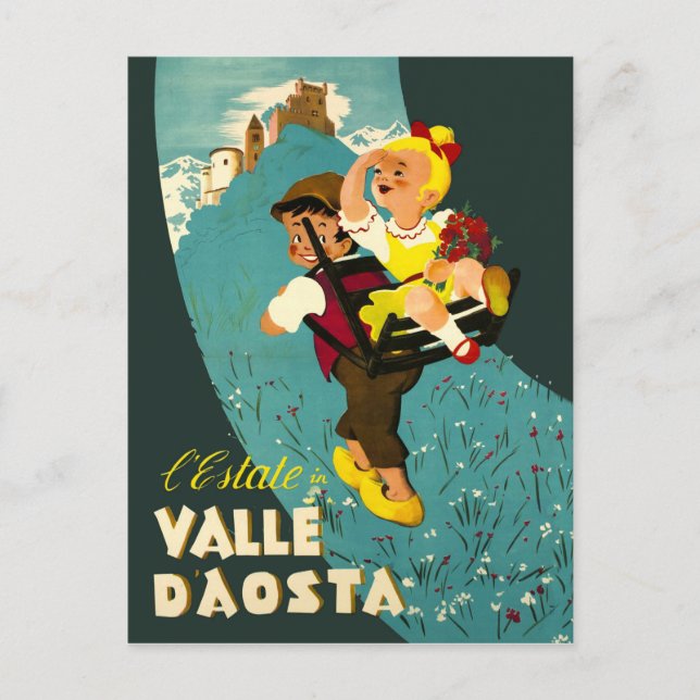 Carte Postale Vallée d'Aoste, garçon et fille faisant de la rand (Devant)