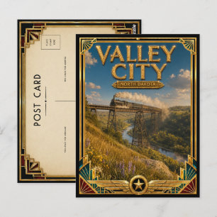 Carte Postale Valley City Dakota du Nord Art Déco Doré Vintage