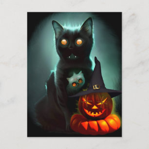 Carte Postale Vampire Chat et Assistant Citrouille Halloween Sur