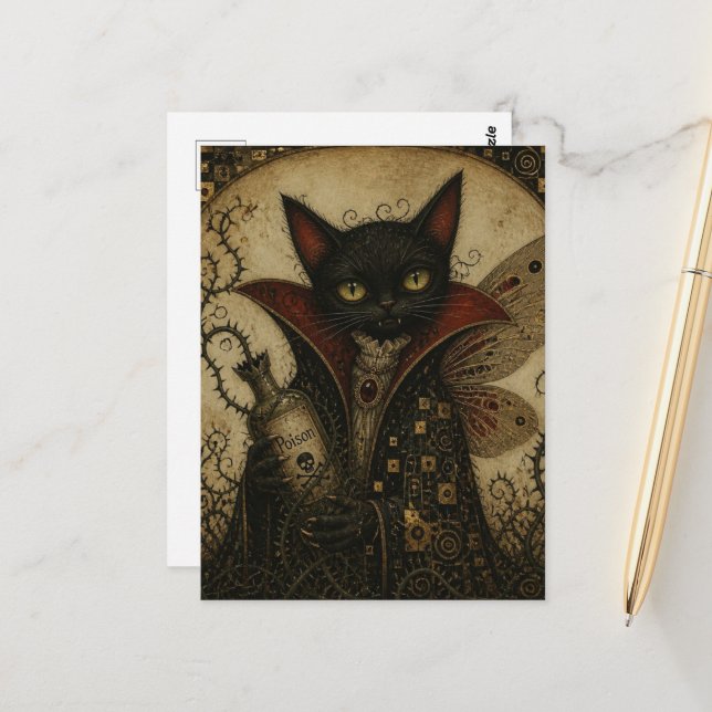 Carte Postale Vampire Féerique Chat Noir Adorable (Devant/Arrière en situation)