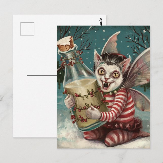 Carte Postale Vampire Kitty de Noël avec bouteille de lait (Devant / Derrière)