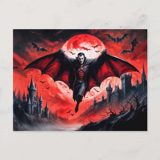 Carte Postale Vampire volant au-dessus du château (Devant)