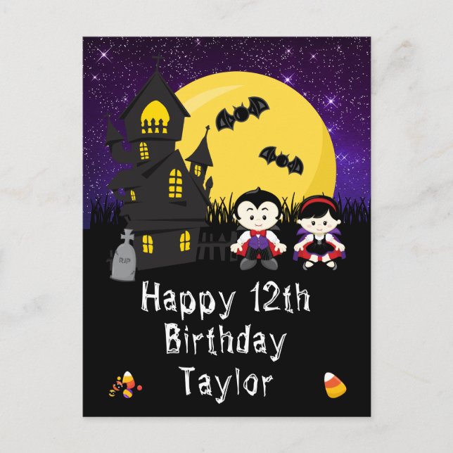 Carte Postale Vampires d'Halloween Joyeux Anniversaire Violet (Devant)