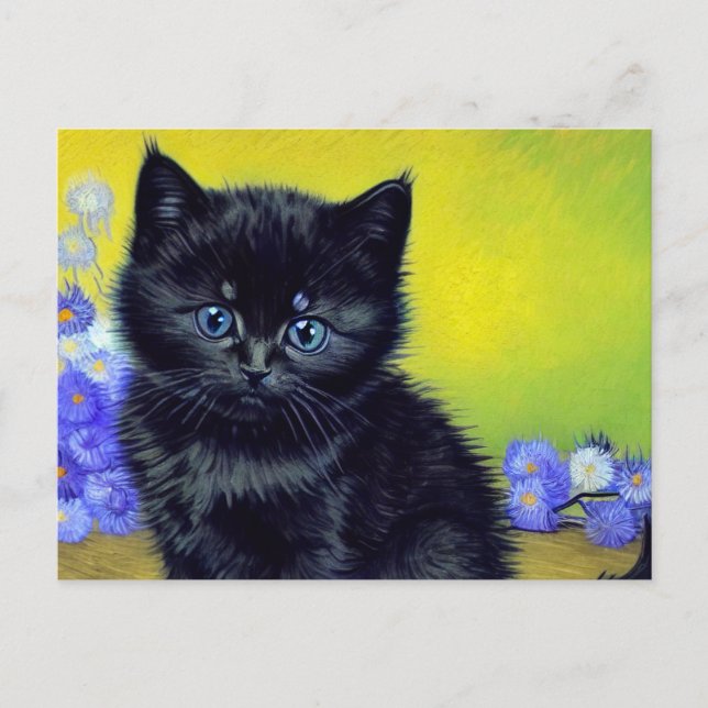 Carte Postale Van Gogh Chat noir Fleurs violettes (Devant)