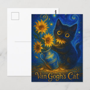 Carte Postale Van Gogh Starry Nuit Chat noir avec des tournesols