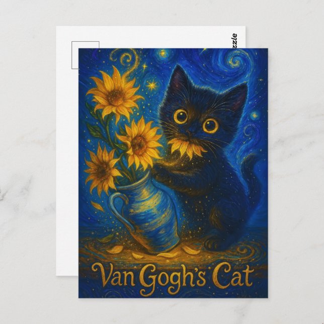 Carte Postale Van Gogh Starry Nuit Chat noir avec des tournesols (Devant / Derrière)