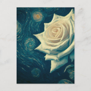 Carte Postale Van Gogh Style Rose blanche sur une nuit étoilée