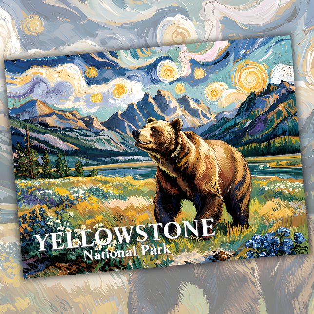 Carte Postale Van Gogh Yellowstone Grizzly Bear Texte personnali (Van Gogh Yellowstone Grizzly Bear Custom Text Postcard)