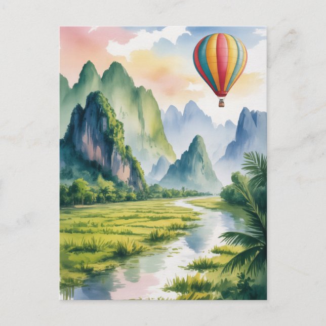 Carte Postale Vang Vieng Laos Montgolfière aquarelle (Devant)