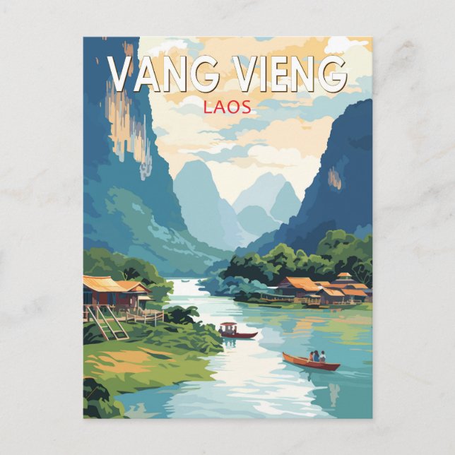 Carte Postale Vang Vieng Laos Voyage Art Vintage (Devant)