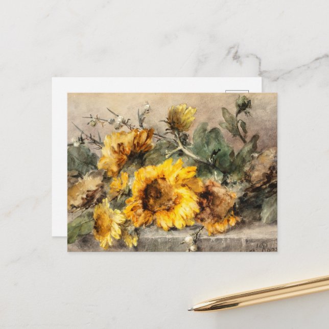 Carte Postale Vaporisateur de tournesols sur une haie de pierre (Devant/Arrière en situation)