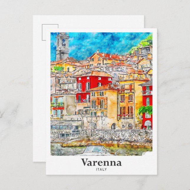 Carte Postale Varenna Lecco Italie Voyage Aquarelle main tirée (Devant / Derrière)