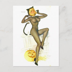 Carte Postale Vargas Halloween Chat pin Vintage fille