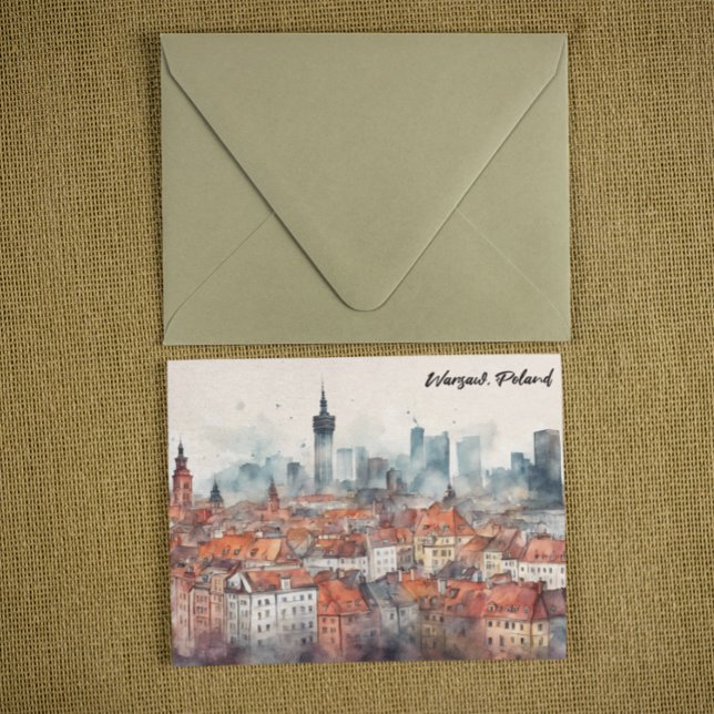 Carte Postale Varsovie colorée Pologne Aquarelle Skyline (warsaw poland panorama view postcard)