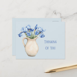 Carte Postale Vase Crème Fleurs d'Iris Violettes Pensant à Vous