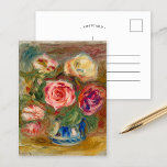 Carte Postale Vase de Rose | Renoir<br><div class="desc">Vase de Roses (1913-1915) | Oeuvre originale de l'artiste impressionniste français Pierre-Auguste Renoir (1841-1919). La peinture d'art représente une vie mortelle impressionniste abstraite de roses roses dans un vase bleu contre un arrière - plan maussade. Utilisez les outils de conception pour ajouter du texte personnalisé ou personnaliser l'image.</div>