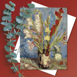 Carte Postale Vase Gladioli Asters Vincent van Gogh<br><div class="desc">Carte postale d'art avec la peinture post-impressionniste Vase avec Gladioli et chinois Asters (1886),  de Vincent van Gogh (1853-1890),  artiste néerlandais. Une vie morte avec un vase de gladiolus blanc,  jaune et rouge contre un arrière - plan bleu.</div>