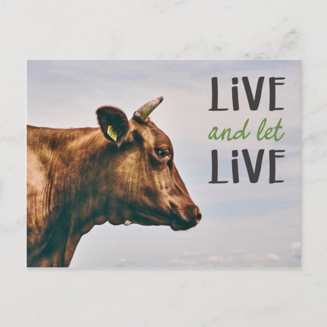 Carte Postale Végan "Live and let live" avec vache brune (Devant)