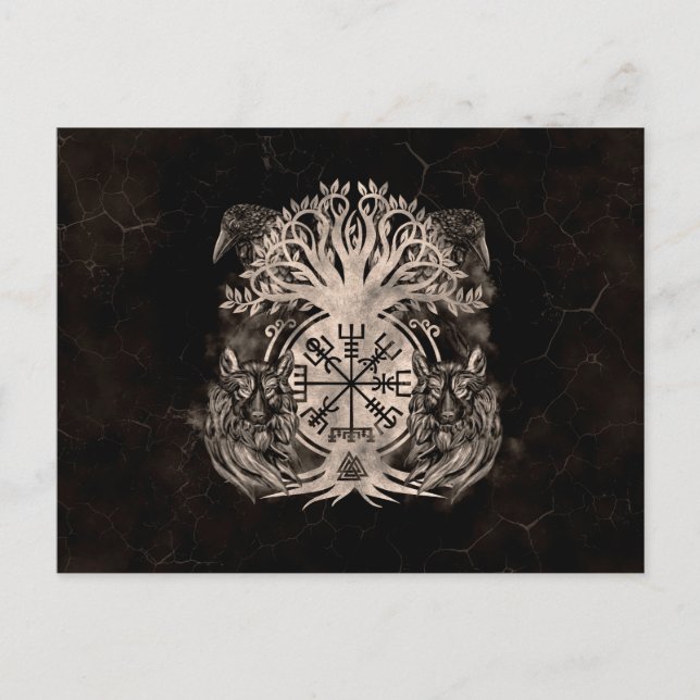 Carte Postale Vegvisir -Yggdrasil Avec Ravens & Loups (Devant)