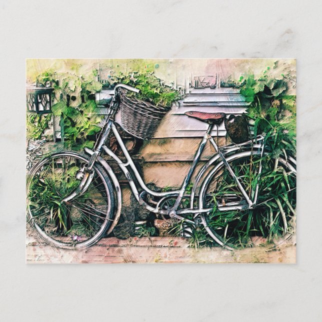 Carte Postale Vélo et panier dans le jardin (Devant)