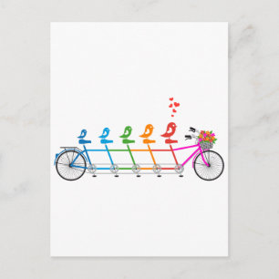 Carte Postale vélo tandem coloré avec famille d'oiseaux mignons
