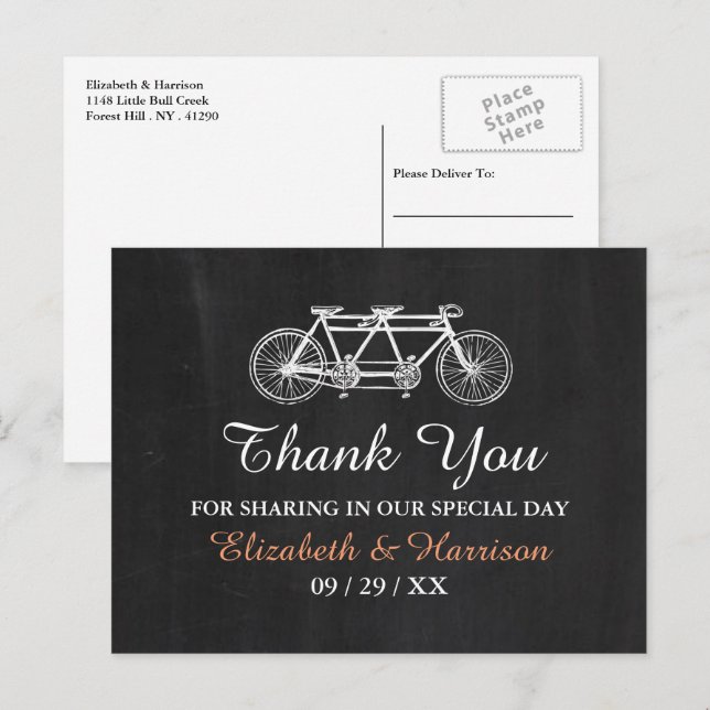 Carte Postale Vélo Tandem sur Tableau Noir Mariage Remerciements (Devant / Derrière)