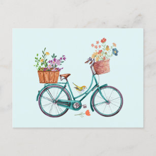 Carte Postale Vélo Vintage aquarelle avec paniers à fleurs