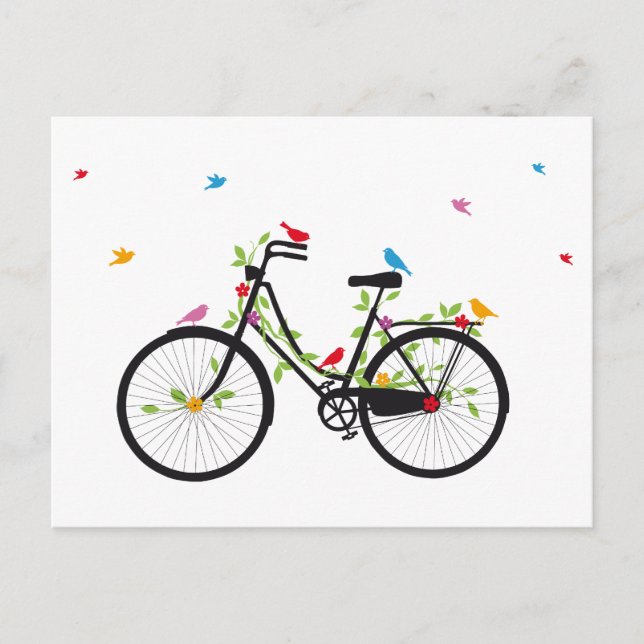 Carte Postale Vélo vintage avec fleurs et oiseaux (Devant)