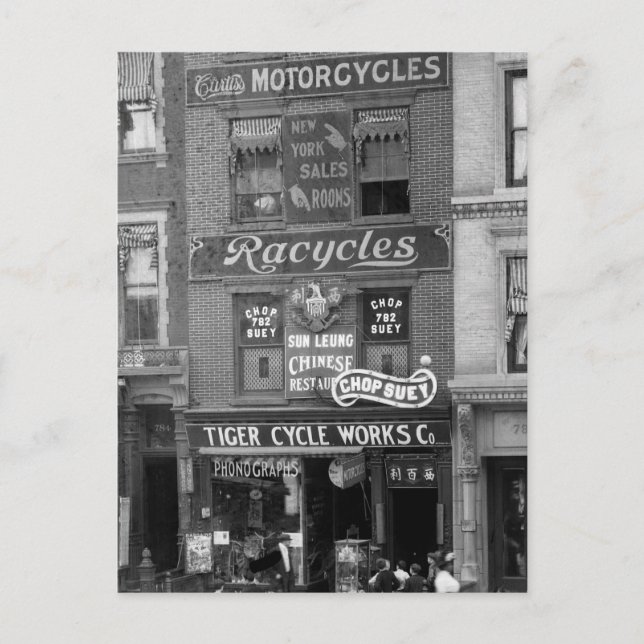 Carte Postale Vélos, motos et chop suey, début des années 1900 (Devant)