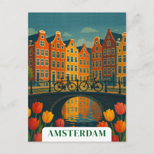 Carte Postale Vélos vintage d'Amsterdam sur le pont fleuri
