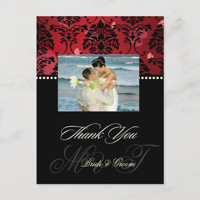 Carte Postale Velours rouge + Merci photo Coeurs Mariage damassé (Devant)