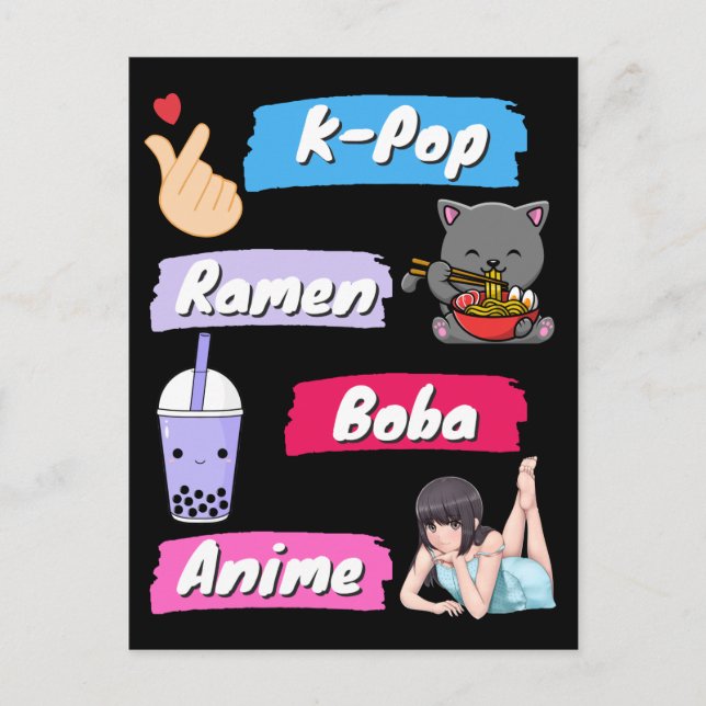 Carte Postale Ventilateur de culture K-Pop, Ramen, Boba et Anime (Devant)