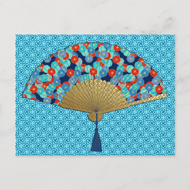 Carte Postale Ventilateur déco - Fleurs en Cobalt, Turquoise et  (Devant)