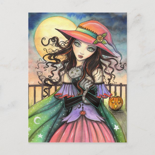 Carte Postale Vents d'Halloween Sorcière Chat Tabby Art (Devant)