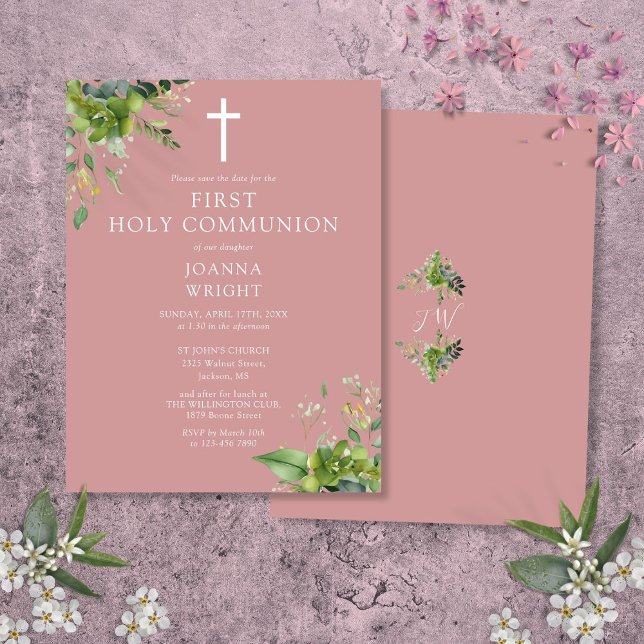 Carte Postale Verdure Rose Première Communion Sauvons La Date (Greenery Pink First Holy Communion Save The Date Postcard)