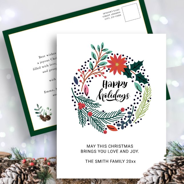 Carte Postale Verdure rustique Poinsettia Rouge Fleur Wreath Chi (Créateur téléchargé)