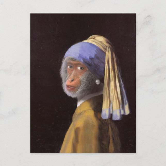 Carte Postale Vermeer Perle Boucle d'Oreille Singe Chimpanzé (Devant)