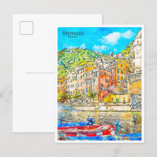Carte Postale Vernazza Italie vin voyage aquarelle