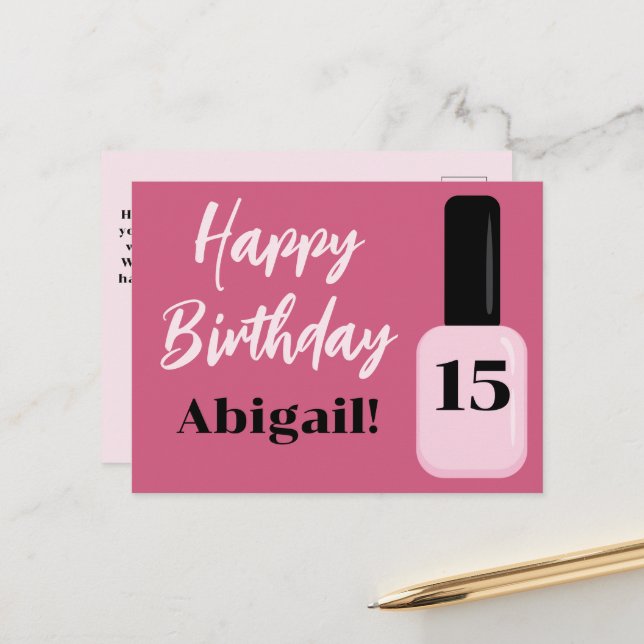 Carte Postale Vernis à ongles rose tendance Joyeux Anniversaire  (Devant/Arrière en situation)
