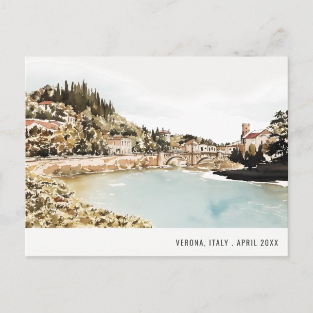 Carte Postale Verona Adige River Italie Aquarelle Voyage italien (Devant)
