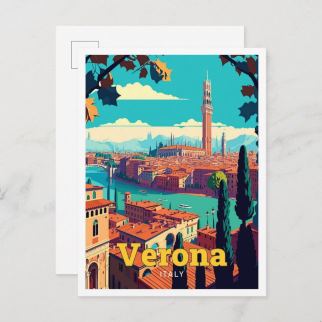 Carte Postale Vérone Italie Voyage Art Vintage Illustration (Devant / Derrière)