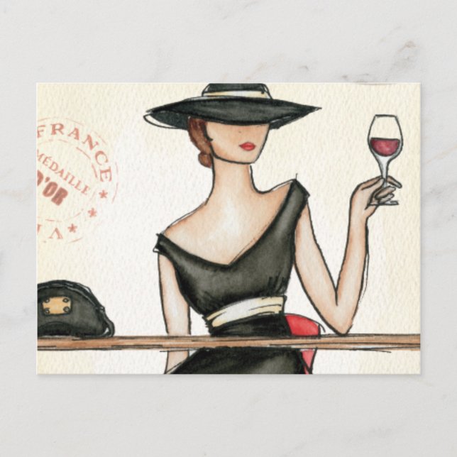 Carte Postale Verre à vin et femme à la mode (Devant)