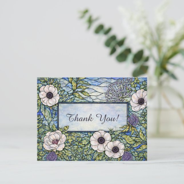 Carte Postale Verre Bleu Vert Floral Teinté Merci (Debout devant)