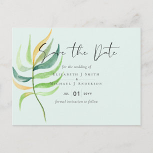 Carte Postale Verre de mer Vert Bleu Mariage de feuille tropical