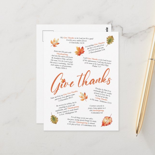 Carte Postale Versets bibliques de Thanksgiving avec feuilles d' (Devant/Arrière en situation)