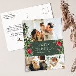Carte Postale Vert 3 Photo Joyeux Noël Aquarelle Vert<br><div class="desc">Cette collection présente des fleurs rouges aquarelles,  des baies et de la verdure hivernale avec une typographie moderne et élégante,  avec un motif botanique d'hiver.</div>