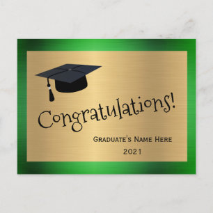 Carte Postale Vert élégant Or Casquette Félicitations Diplômé